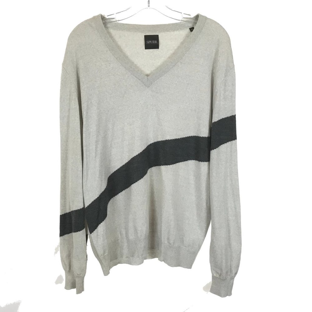 Mens Size XL SPURR Made in Italy Gray Pure Merino Wool Cross Stripe Sweater
